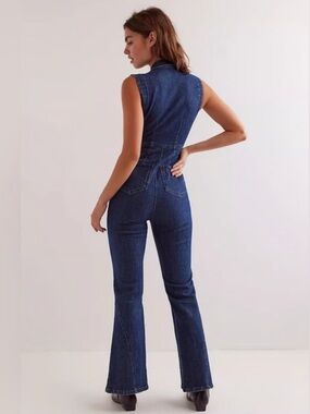 Free People Ring the Alarm Denim Sleeveless Jumpsuit One Piece Curvy XL